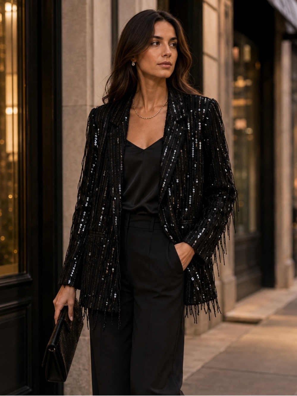 Nanette Nanette Lepore Black Sequin Fringe Blazer Jacket M Statement Party